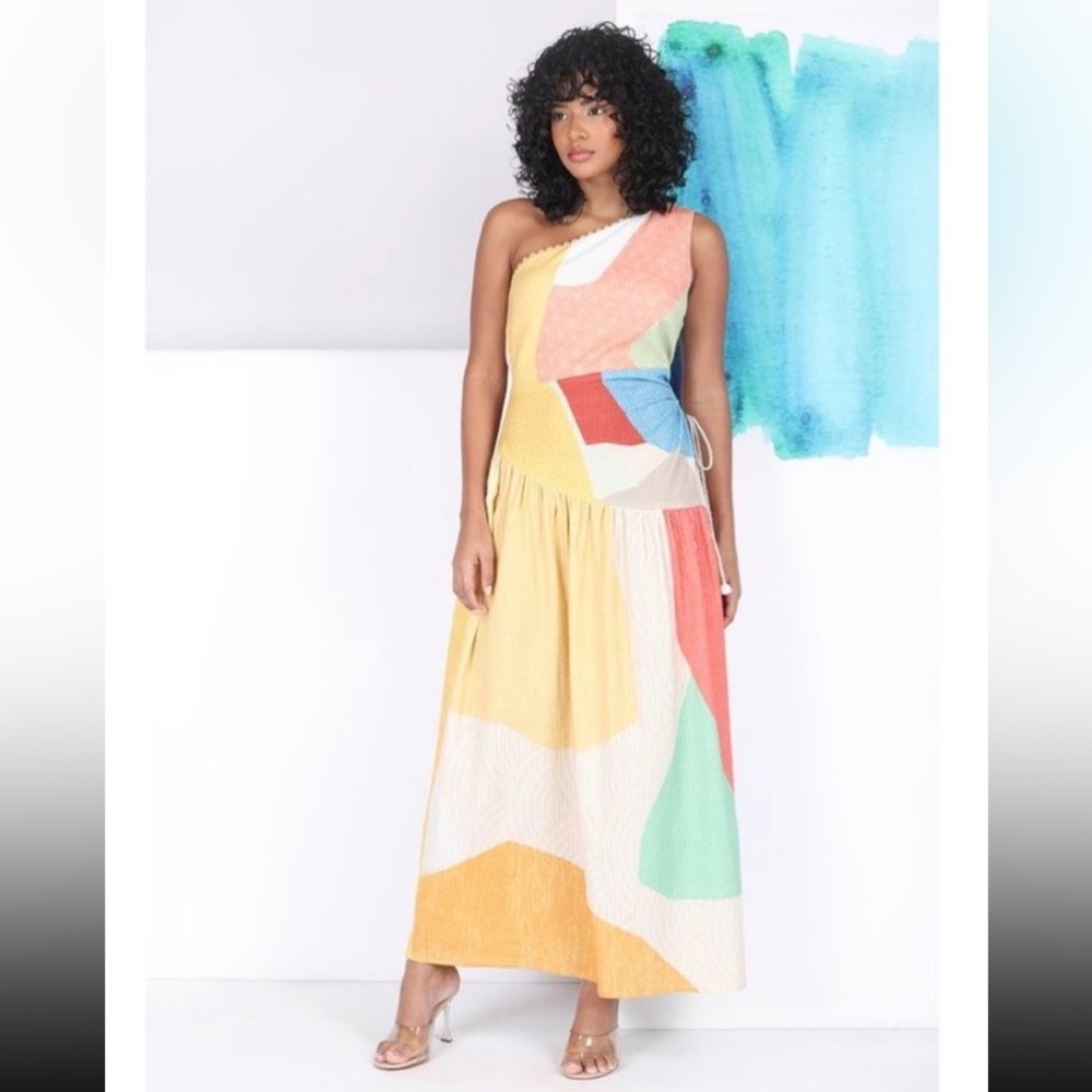 One-Shoulder Colorblock Maxi Dress in Pastel Multi